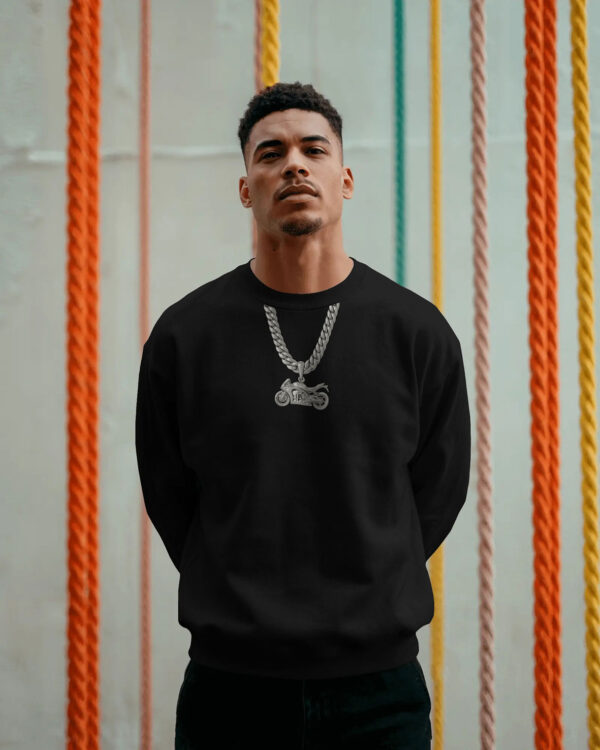 Person wearing a black sweatshirt with a silver motorcycle chain graphic, standing in front of colorful hanging ropes in an indoor setting.