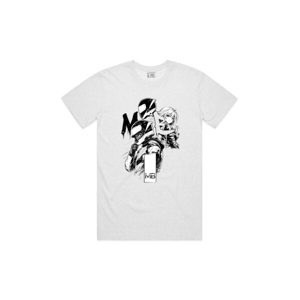 White T‑shirt featuring a bold black‑and‑white Madintobikes anime‑inspired graphic with two stylised characters — a motorcycle rider in full gear and a long‑haired figure behind — framed by large MB lettering and a MiB logo below. The design blends manga art and streetwear fashion, appealing to motorcycle enthusiasts and anime fans.