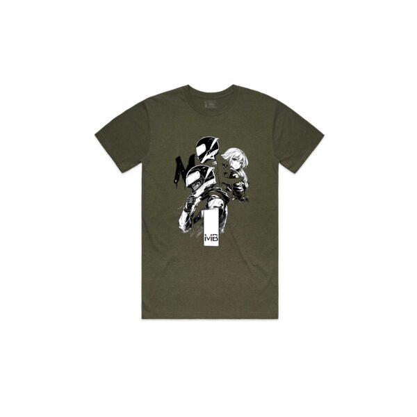 Army green T‑shirt featuring a bold Madintobikes anime‑inspired motorcycle graphic in black and white, showing two stylised characters — a helmeted rider and a long‑haired figure — framed by large MB lettering and a MiB logo. Perfect for motorcycle enthusiasts, anime fans, and streetwear collectors.