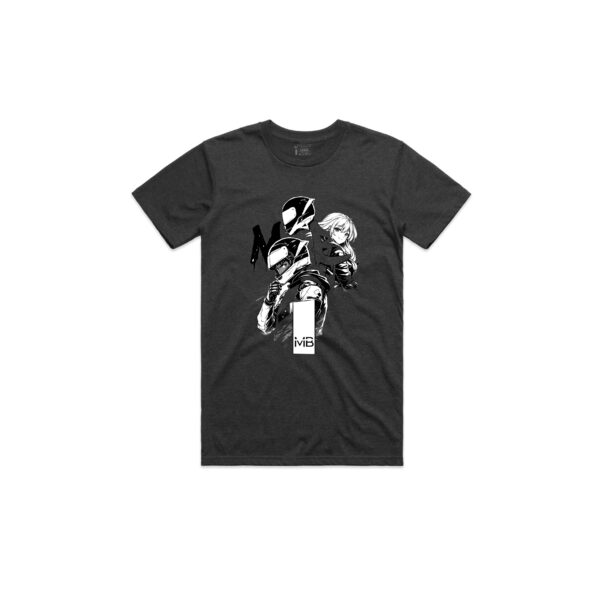 Asphalt grey T‑shirt featuring a bold Madintobikes anime‑inspired motorcycle graphic in black and white, showing two stylised characters — a helmeted rider and a long‑haired figure — framed by large MB lettering and a MiB logo. Perfect for motorcycle enthusiasts, anime fans, and streetwear collectors.