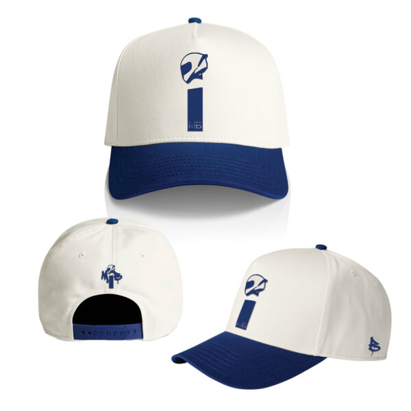 MiB Drip 2.0 Cap shown from multiple angles with cream crown, blue brim and embroidered MiB logos.