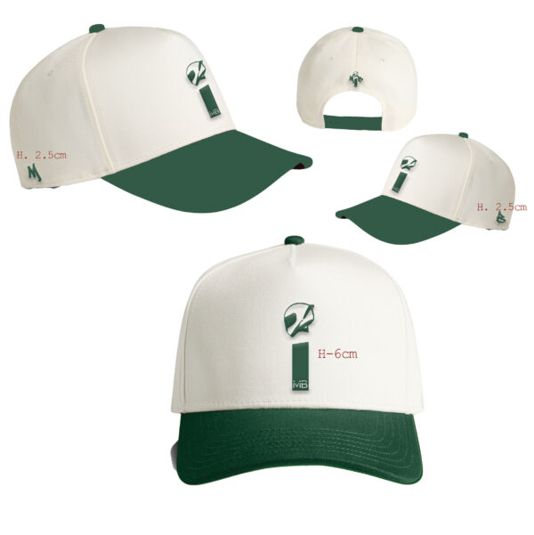 MiB Drip 2.0 Cap shown from multiple angles with cream crown, green brim and embroidered MiB logos.
