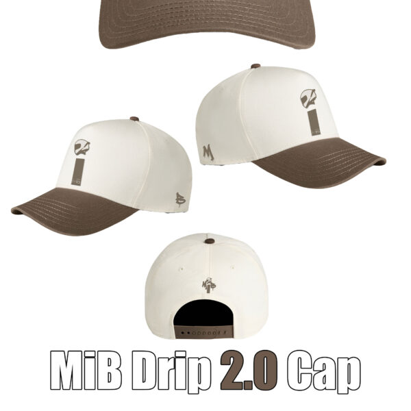 MiB Drip 2.0 Cap shown from multiple angles with cream crown, brown brim and embroidered MiB logos.