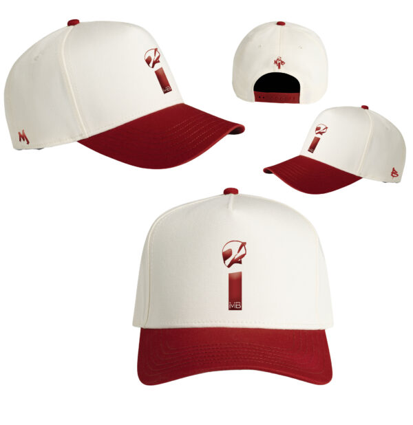 MiB Drip 2.0 Cap shown from multiple angles with cream crown, red brim and embroidered MiB logos.